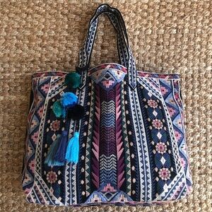New: Johnny Was Embroidered Tote with Pom Tassels